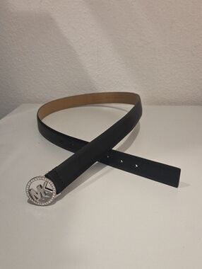 Michael Kors Black Leather Belt with Rhinestone MK Logo Buckle